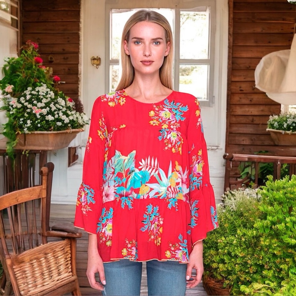 $220 Johnny Was Peonies Garden Blouse Small Top Vibrant Colors Tiered Breezy NWT